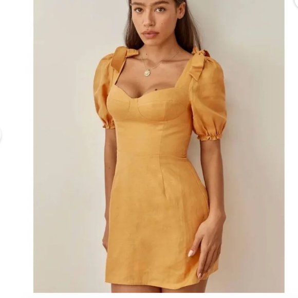 REFORMATION Yellow Ochre Spring Bow Sleeve Linen Mini Dress 2 - Picture 2 of 12